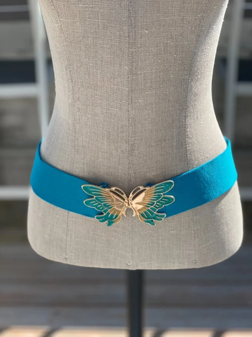 Vintage Wide Statement Cinch Waist Belt M Blue Elastic Gold Butterfly Buckle 90s
